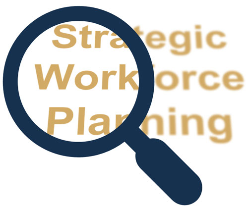 A maginifying glass with the text Strategic Workforce Planning